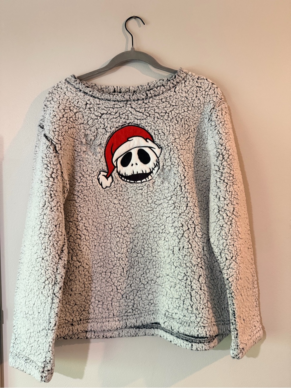Disney Men's Cream Sherpa Crewneck Sweater with Red Santa Jack Patch
